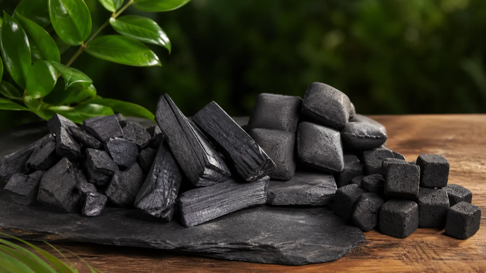 Representative assortment of lump charcoal and charcoal briquettes